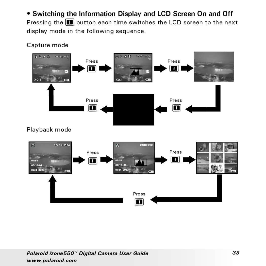 Polaroid izone550 manual Switching the Information Display and LCD Screen On and Off, Playback mode 