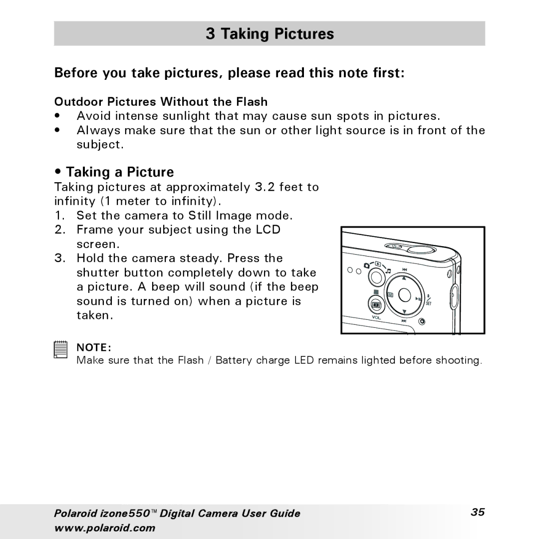 Polaroid izone550 manual Taking Pictures, Before you take pictures, please read this note first, Taking a Picture 