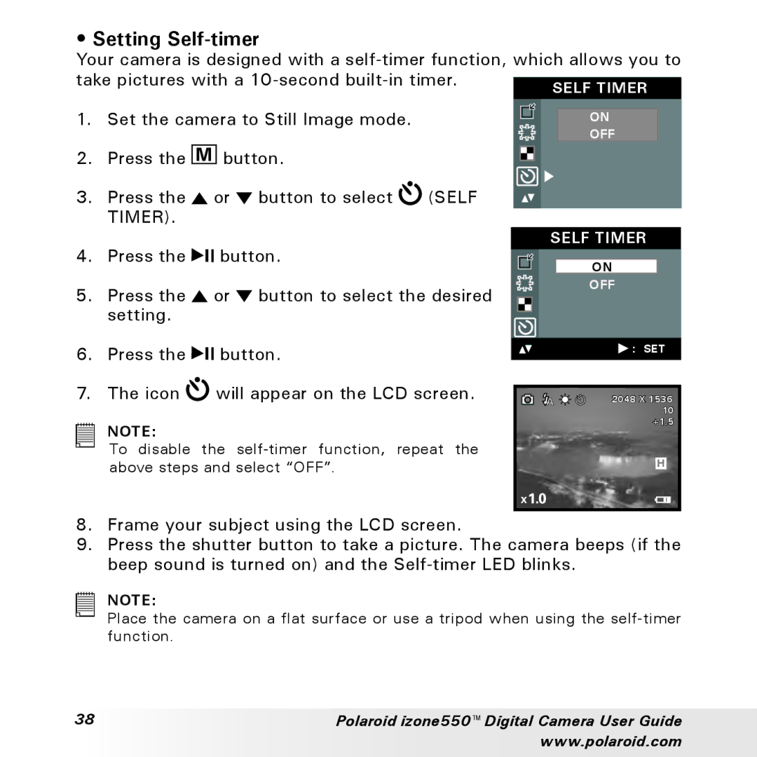 Polaroid izone550 manual Setting Self-timer 