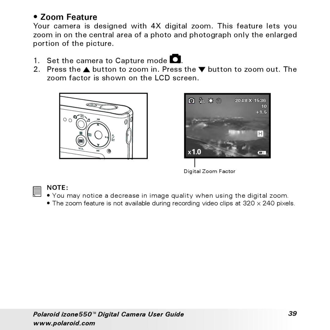 Polaroid izone550 manual Zoom Feature 