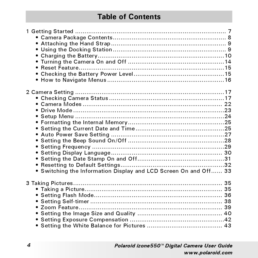 Polaroid izone550 manual Table of Contents 