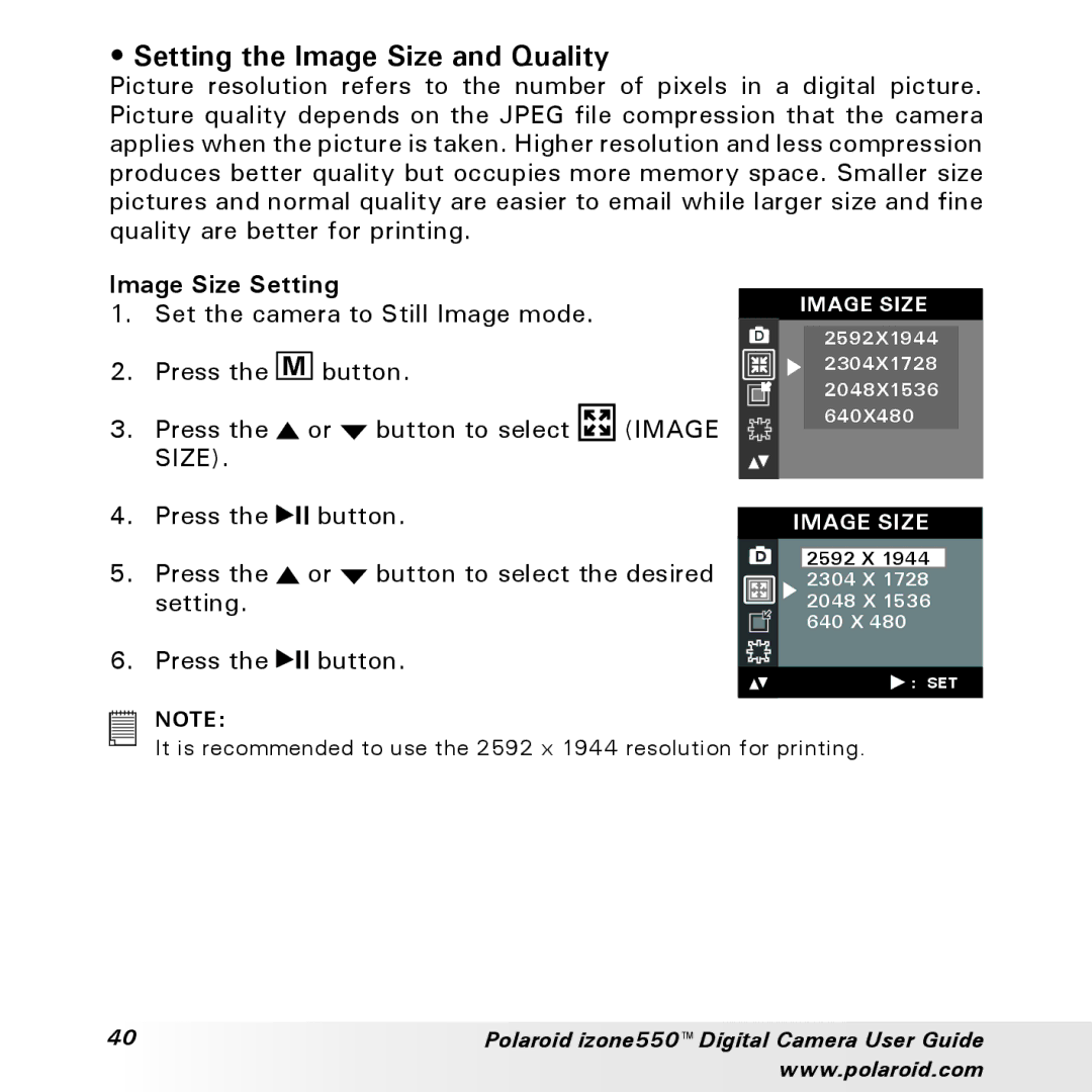 Polaroid izone550 manual Setting the Image Size and Quality, Image Size Setting 