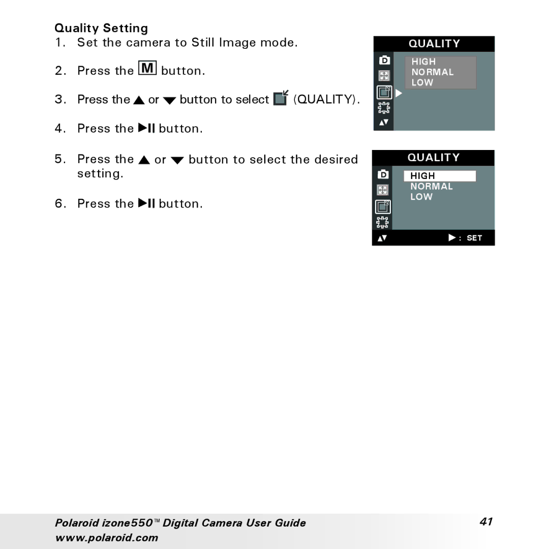 Polaroid izone550 manual Quality Setting 