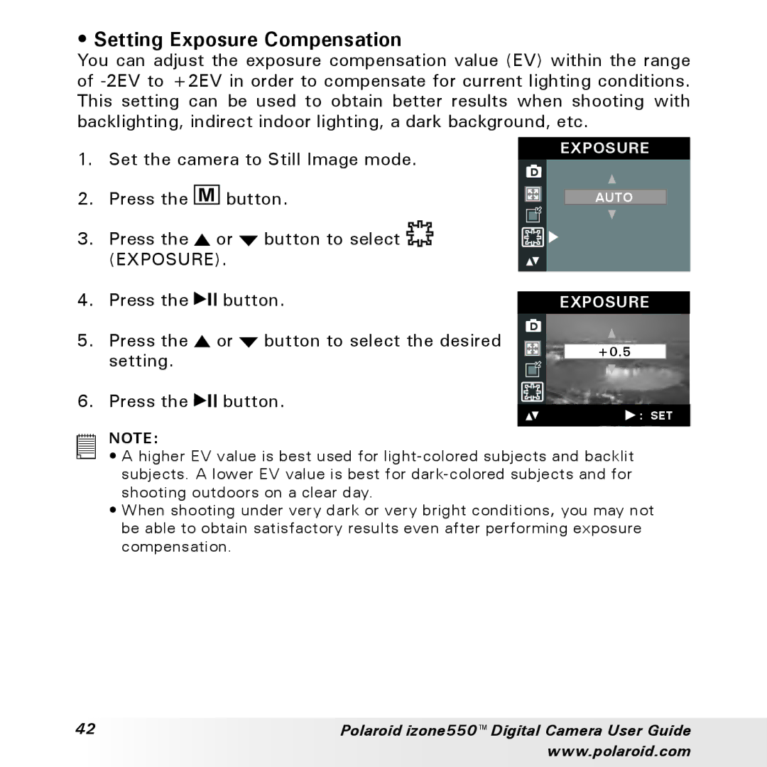 Polaroid izone550 manual Setting Exposure Compensation 