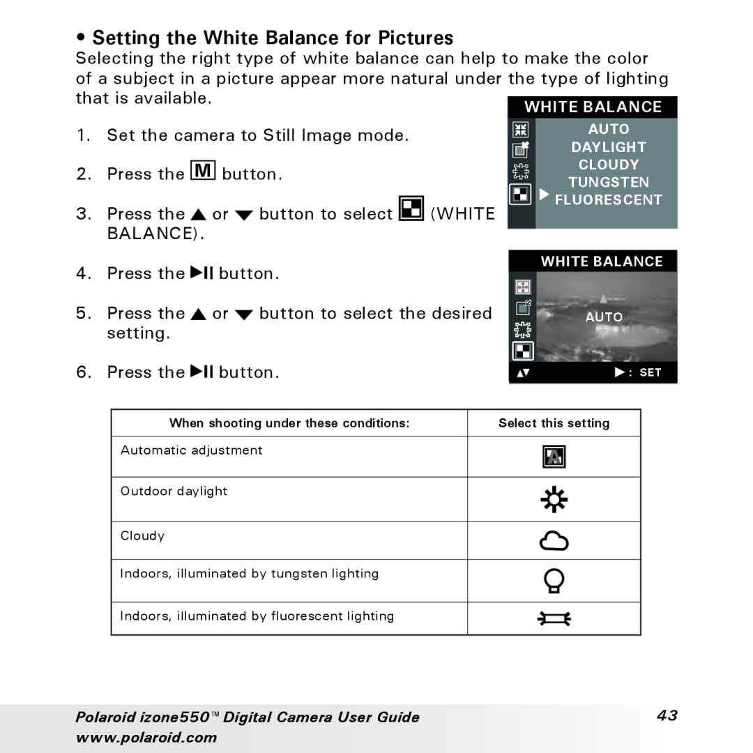 Polaroid izone550 manual Setting the White Balance for Pictures 