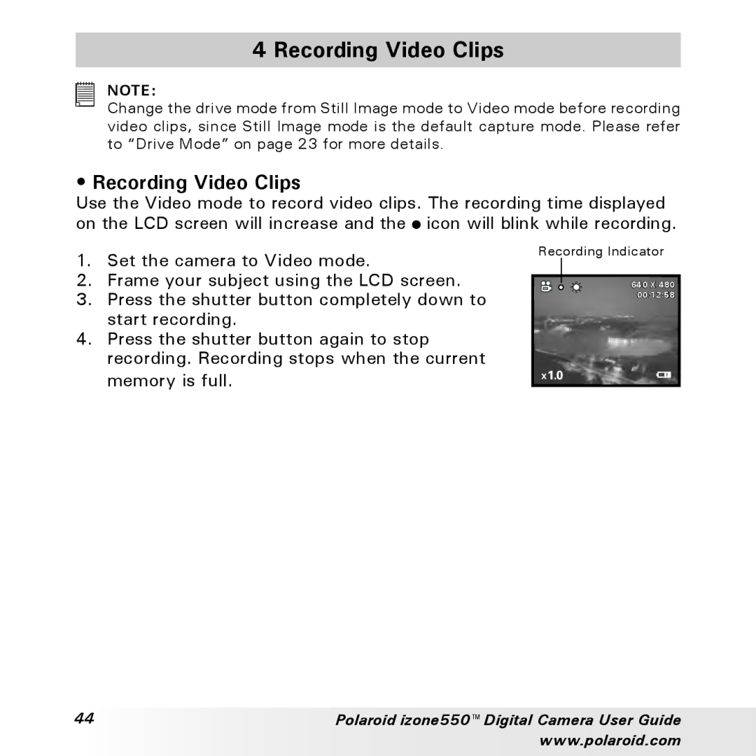 Polaroid izone550 manual Recording Video Clips 