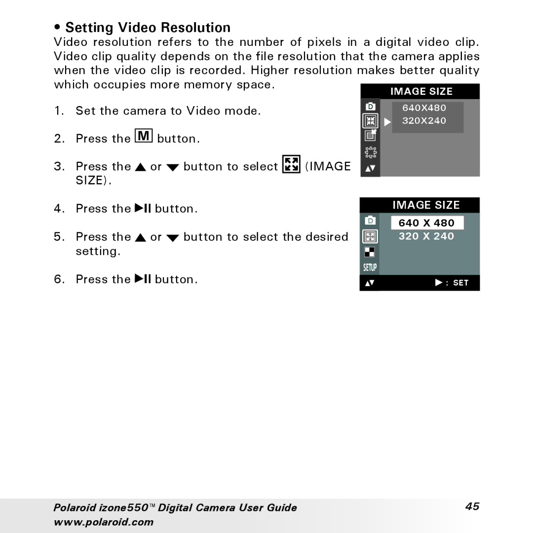 Polaroid izone550 manual Setting Video Resolution 