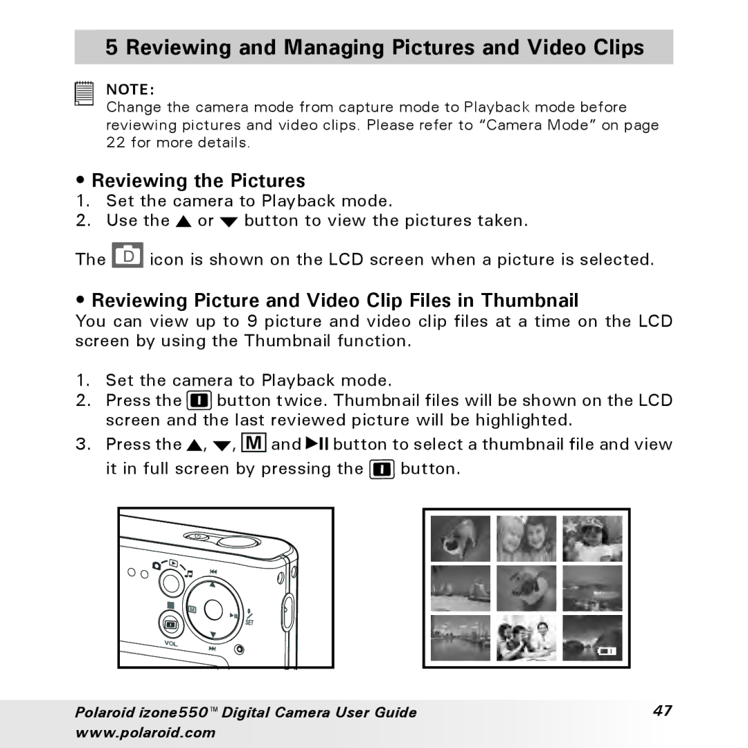 Polaroid izone550 manual Reviewing and Managing Pictures and Video Clips, Reviewing the Pictures 