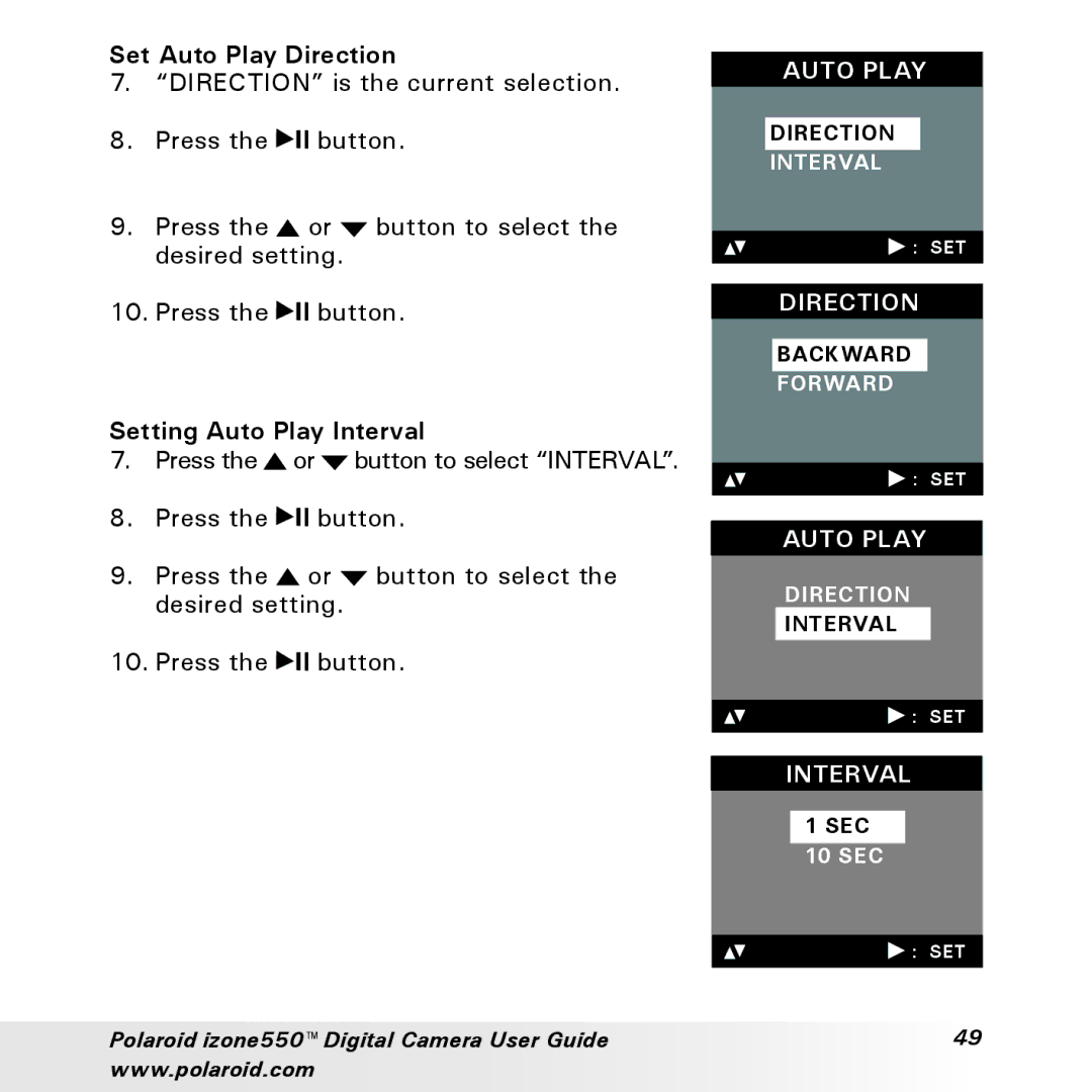 Polaroid izone550 manual Set Auto Play Direction, Setting Auto Play Interval 