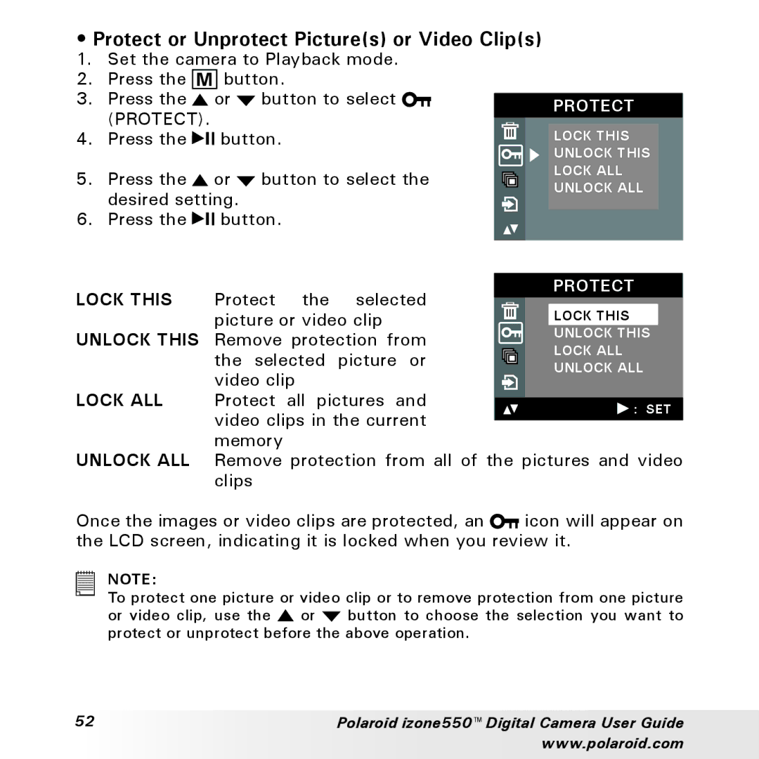 Polaroid izone550 manual Protect or Unprotect Pictures or Video Clips 