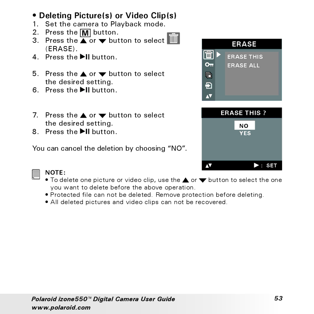 Polaroid izone550 manual Deleting Pictures or Video Clips, Erase this ? 