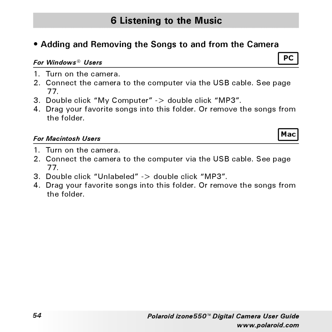 Polaroid izone550 manual Listening to the Music, Adding and Removing the Songs to and from the Camera 