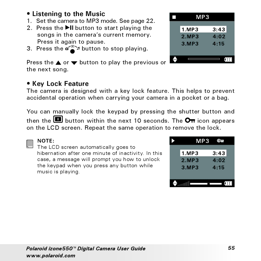 Polaroid izone550 manual Listening to the Music, Key Lock Feature 