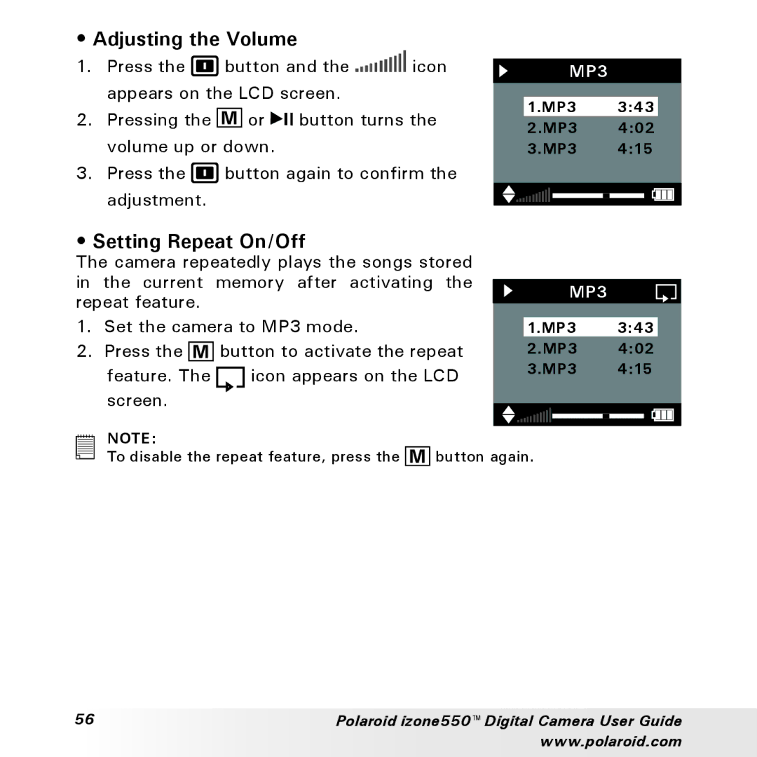 Polaroid izone550 manual Adjusting the Volume, Setting Repeat On/Off 