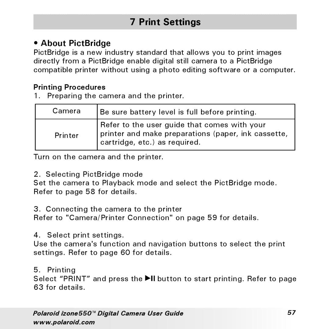 Polaroid izone550 manual Print Settings, About PictBridge, Printing Procedures 