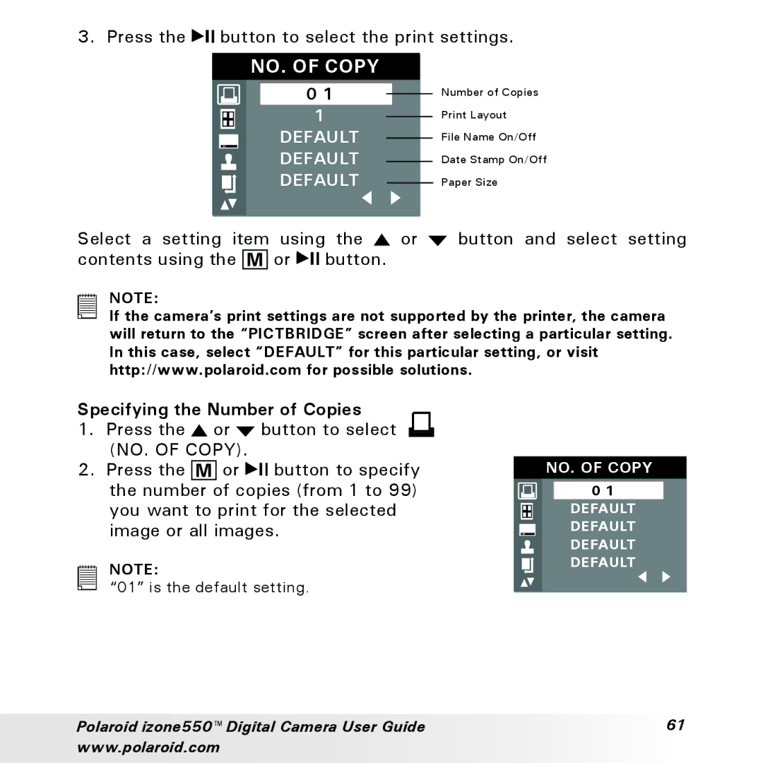 Polaroid izone550 manual NO. of Copy, Specifying the Number of Copies 