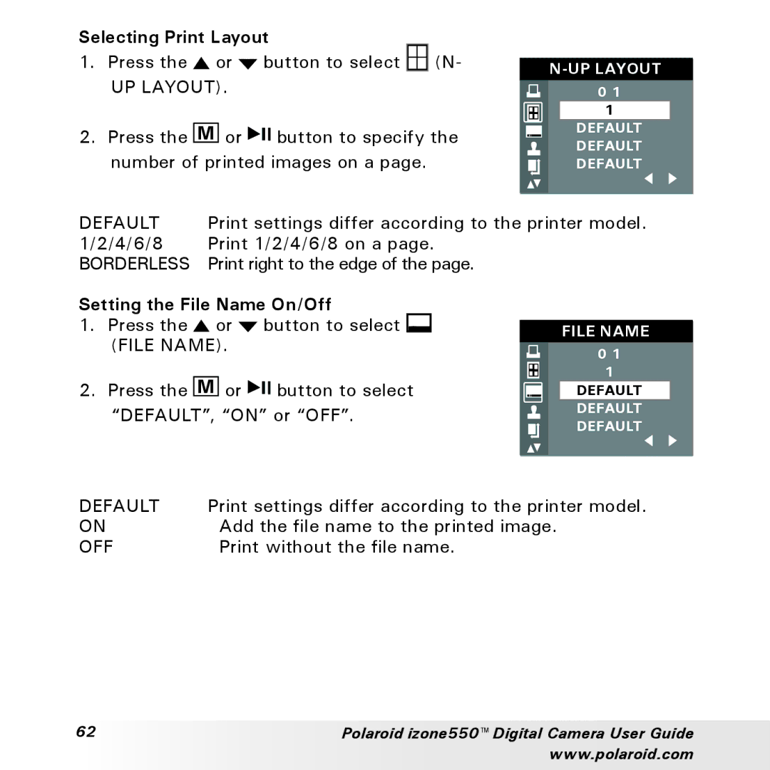 Polaroid izone550 manual Selecting Print Layout, Setting the File Name On/Off 