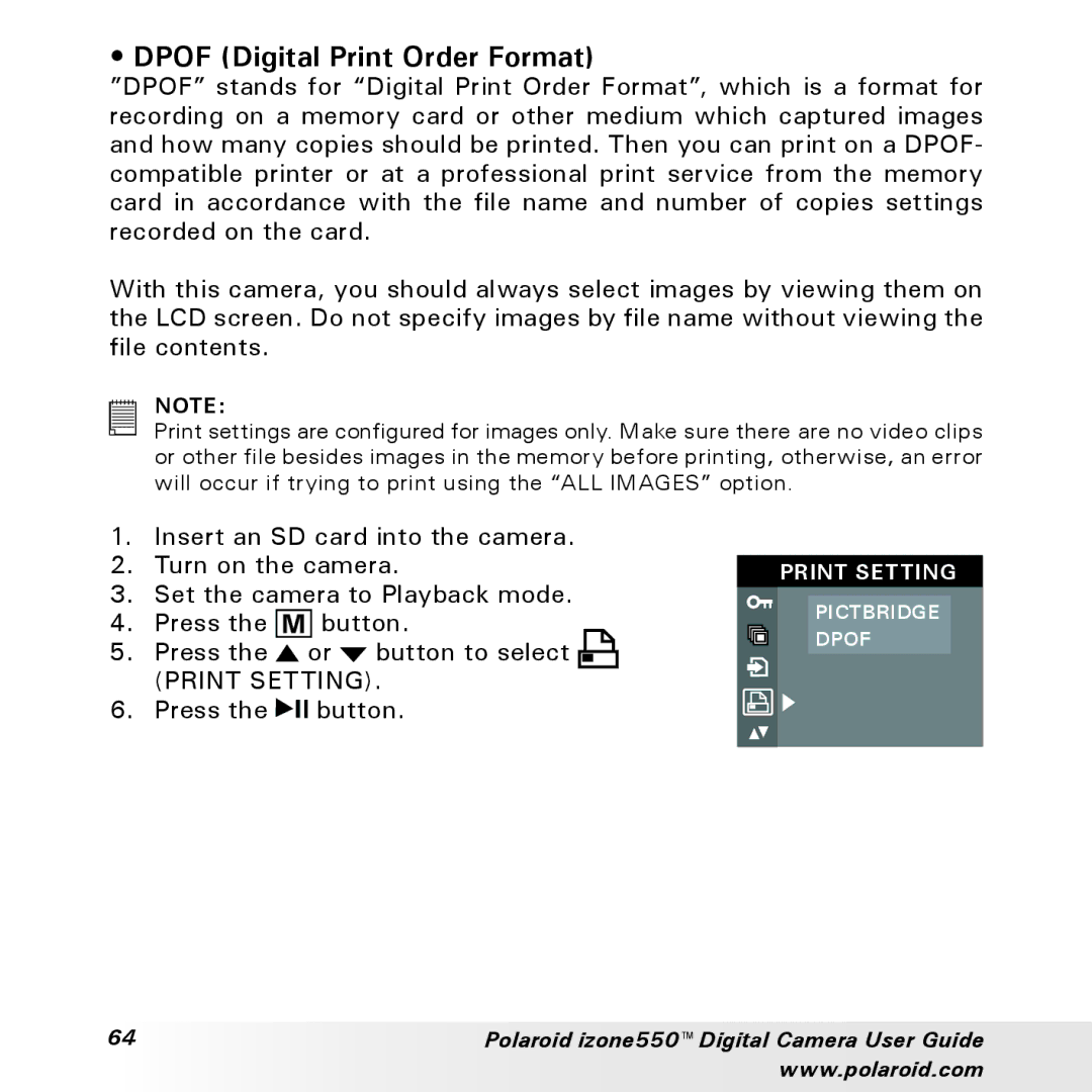 Polaroid izone550 manual Dpof Digital Print Order Format 