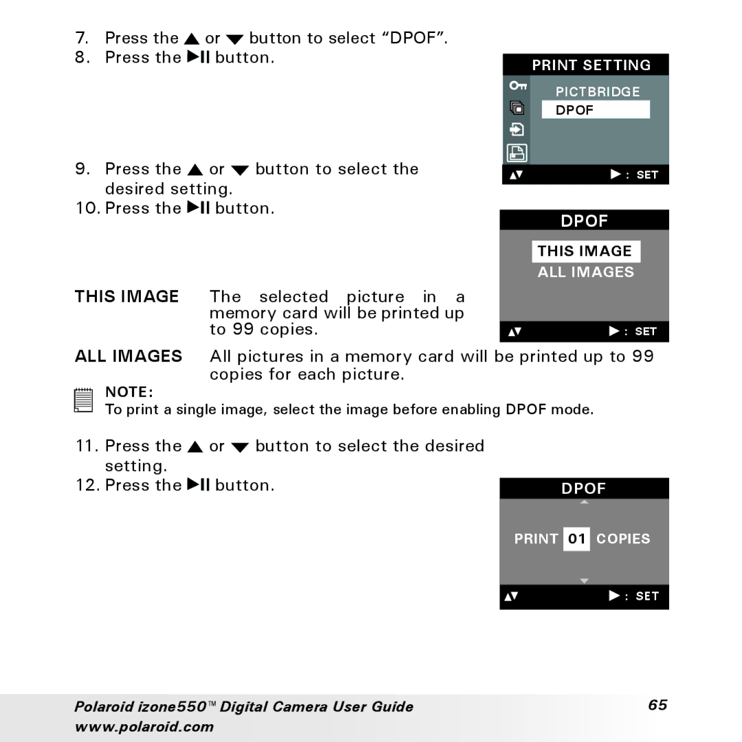Polaroid izone550 manual Dpof 