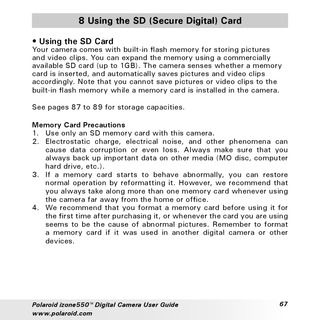 Polaroid izone550 manual Using the SD Secure Digital Card, Using the SD Card, Memory Card Precautions 