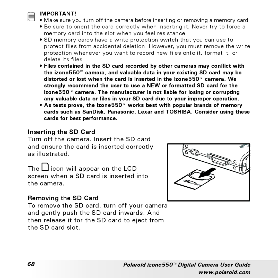 Polaroid izone550 manual Inserting the SD Card, Removing the SD Card 