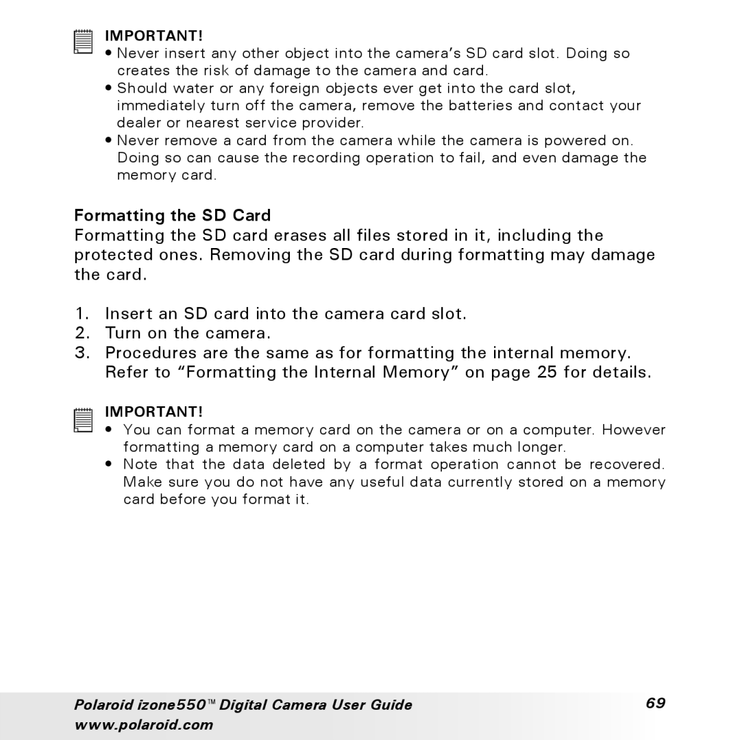 Polaroid izone550 manual Formatting the SD Card 