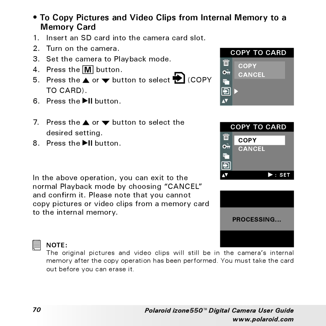 Polaroid izone550 manual Copy to Card 