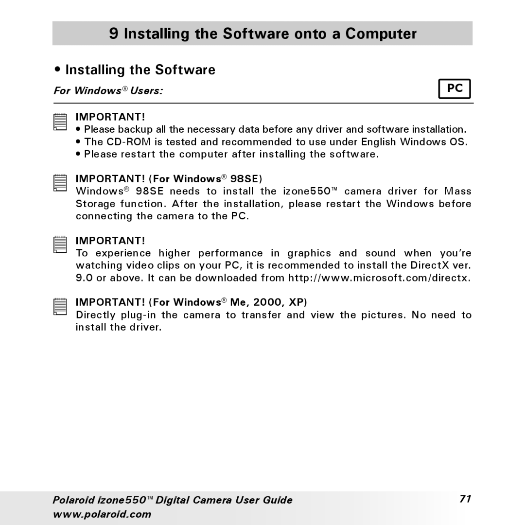 Polaroid izone550 manual Installing the Software onto a Computer 