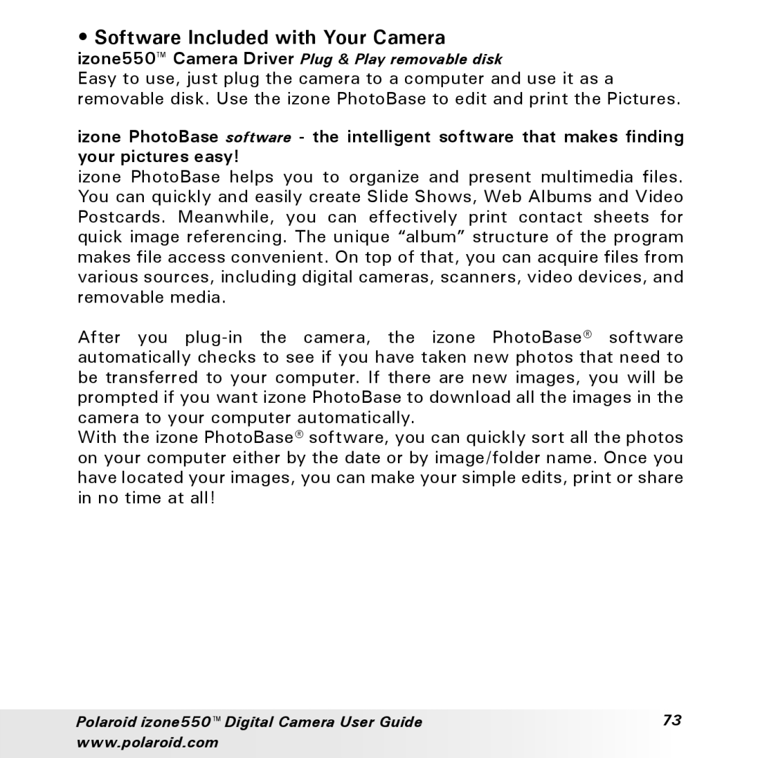 Polaroid manual Polaroid izone550 Digital Camera User Guide 