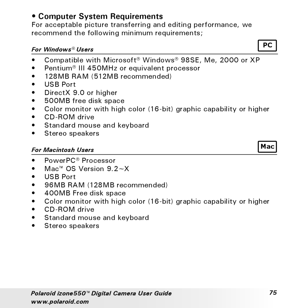 Polaroid izone550 manual Computer System Requirements 