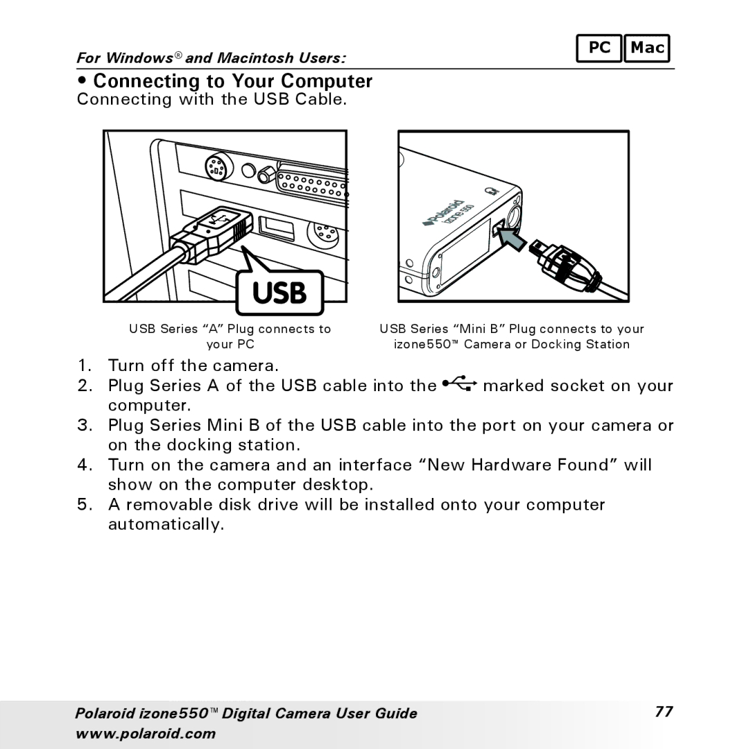 Polaroid izone550 manual Connecting to Your Computer, Connecting with the USB Cable 