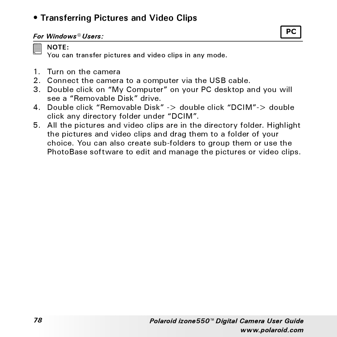 Polaroid izone550 manual Transferring Pictures and Video Clips 