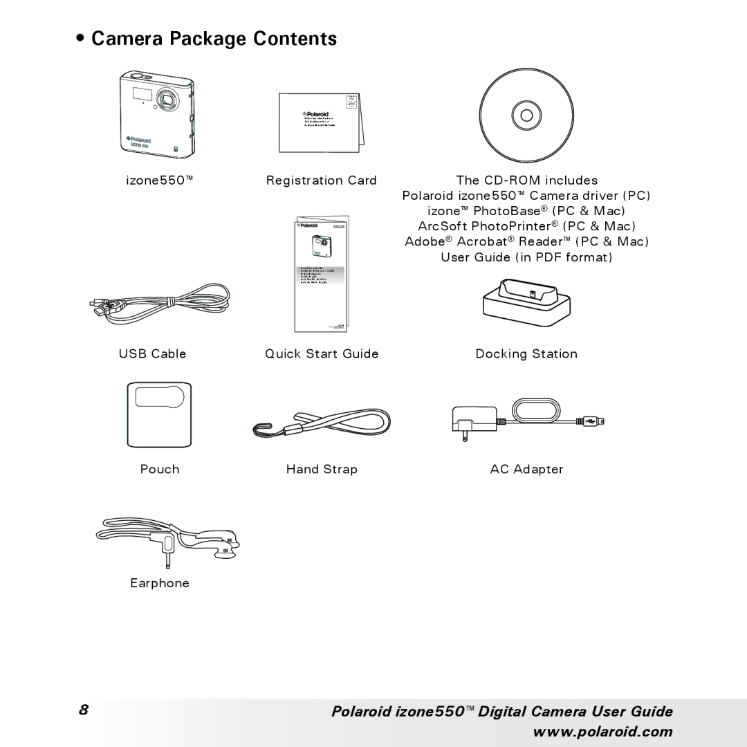 Polaroid izone550 manual Camera Package Contents 