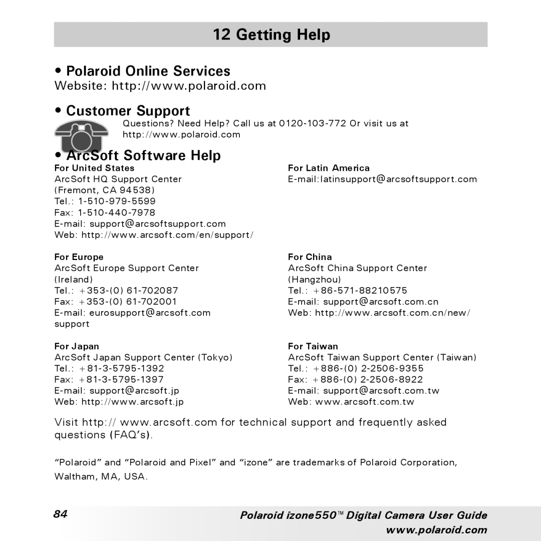 Polaroid izone550 manual Getting Help, Polaroid Online Services Customer Support, ArcSoft Software Help 