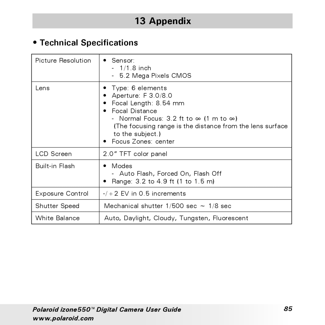 Polaroid izone550 manual Appendix, Technical Specifications 