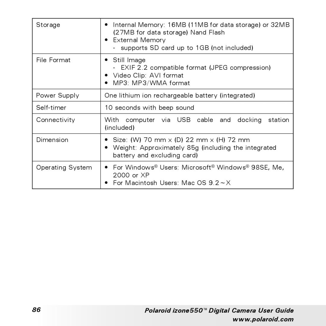 Polaroid manual Polaroid izone550 Digital Camera User Guide 