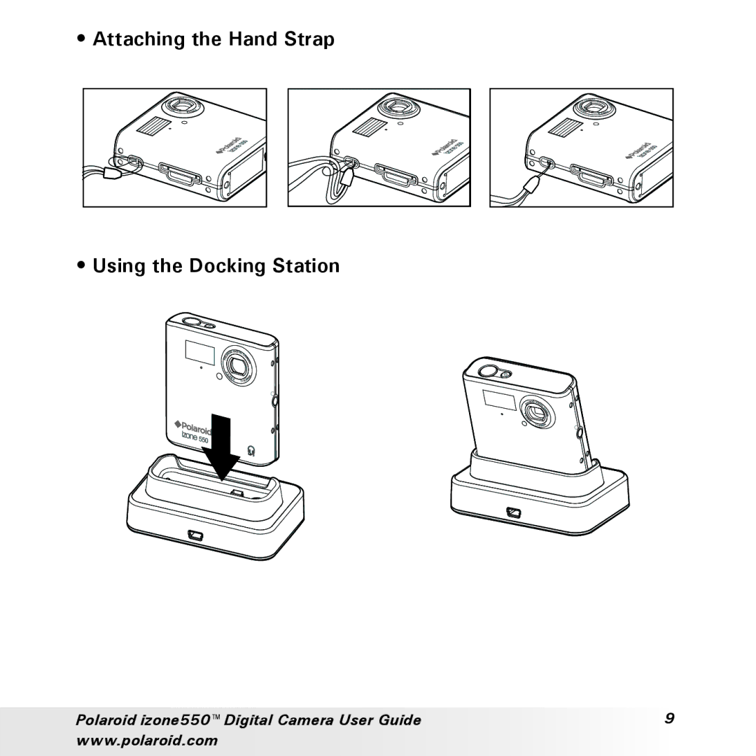 Polaroid izone550 manual Attaching the Hand Strap Using the Docking Station 