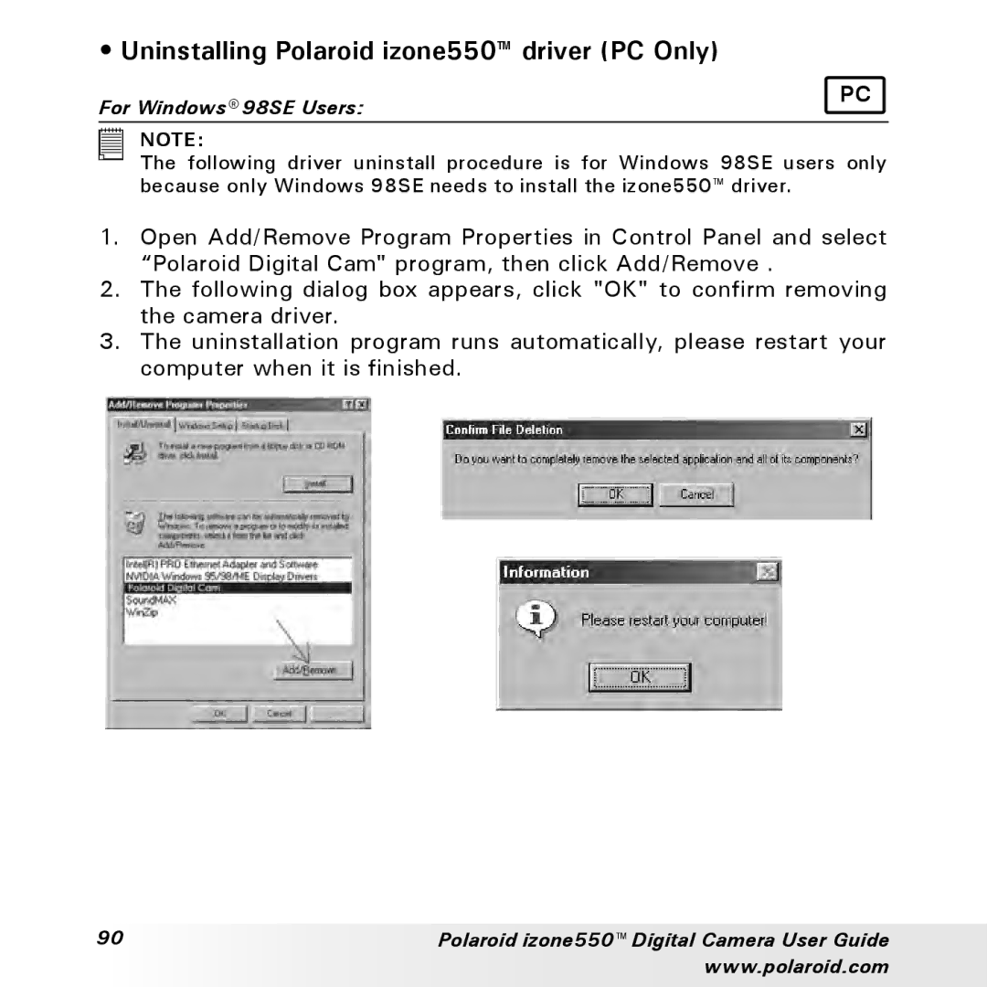 Polaroid manual Uninstalling Polaroid izone550 driver PC Only, For Windows 98SE Users 