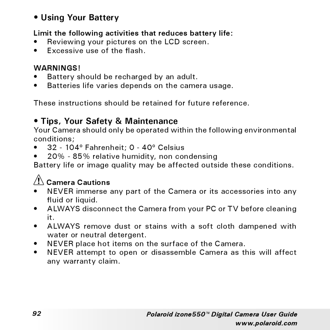 Polaroid izone550 manual Using Your Battery, Tips, Your Safety & Maintenance, Camera Cautions 