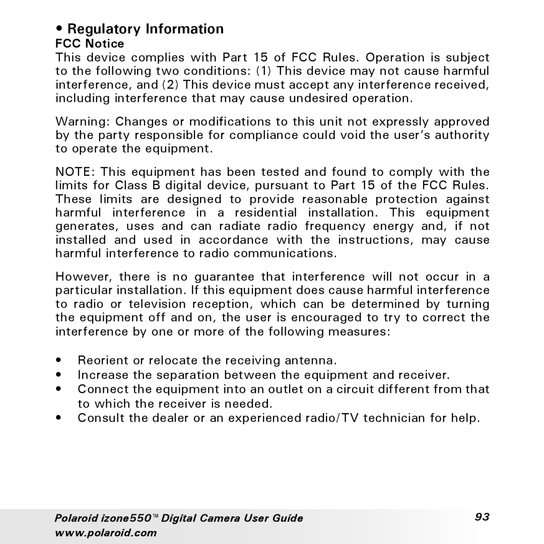 Polaroid izone550 manual Regulatory Information, FCC Notice 