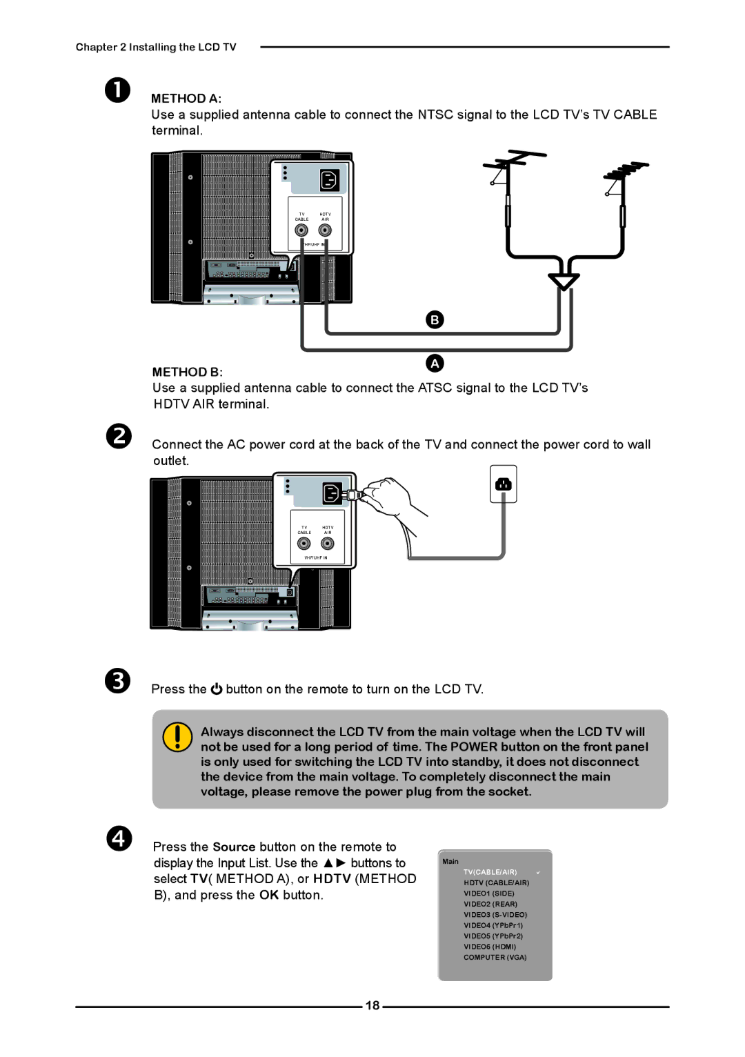 Polaroid KF SERIES user manual Press the button on the remote to turn on the LCD TV, Method a 