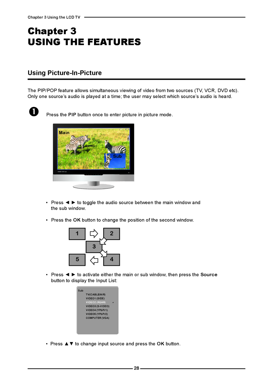 Polaroid KF SERIES user manual Using Picture-In-Picture, Press to change input source and press the OK button 