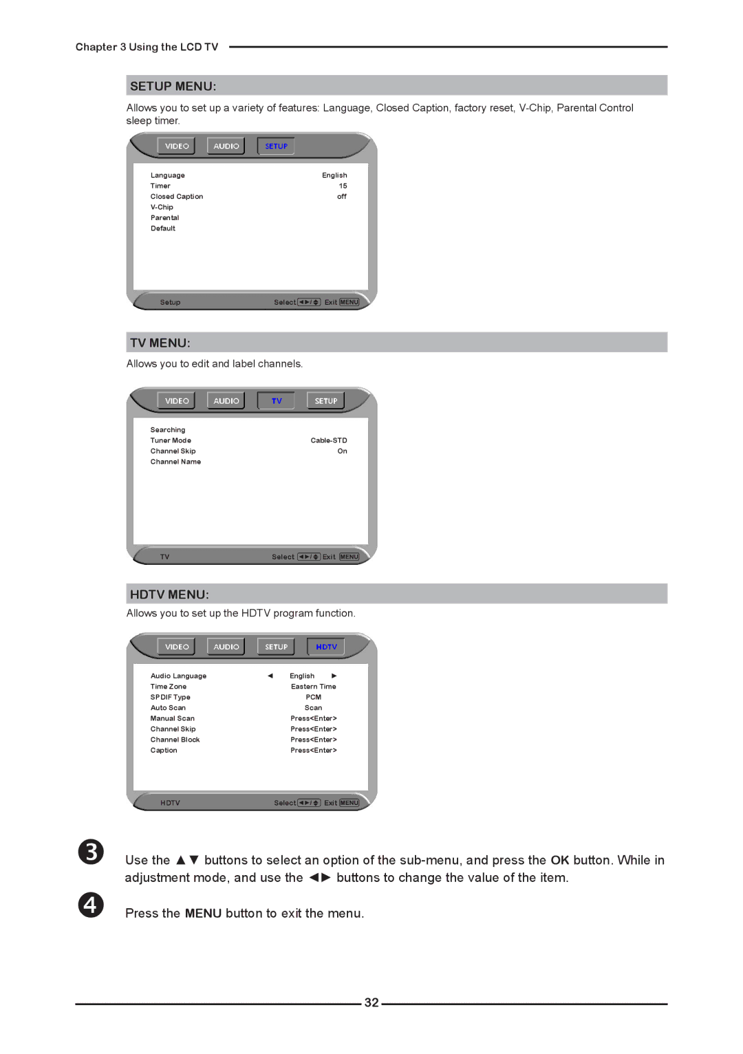 Polaroid KF SERIES user manual Setup Menu, TV Menu, Hdtv Menu 