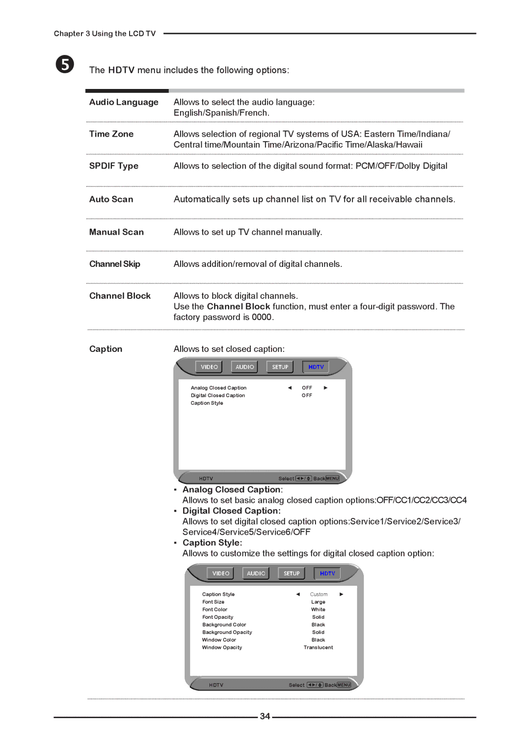 Polaroid KF SERIES user manual  The Hdtv menu includes the following options 