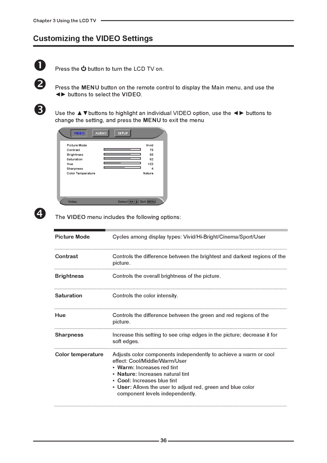 Polaroid KF SERIES user manual Customizing the Video Settings,  The Video menu includes the following options 