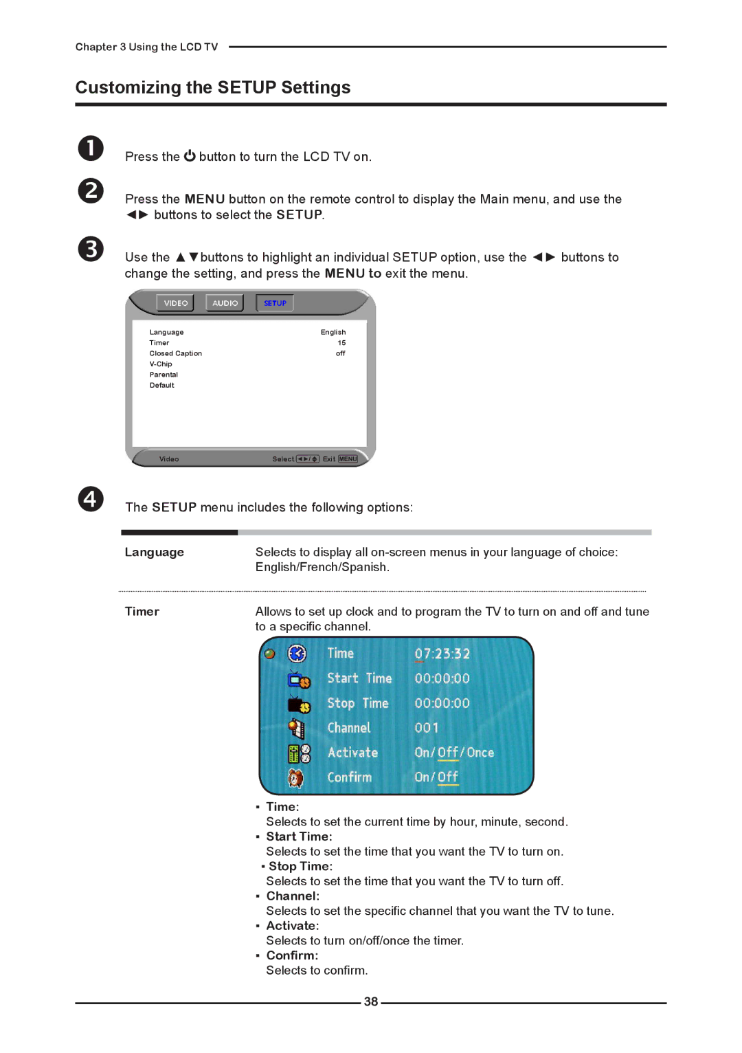 Polaroid KF SERIES Customizing the Setup Settings,  The Setup menu includes the following options, Language, Timer 