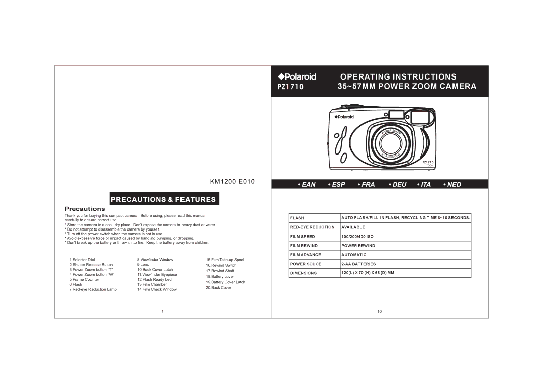 Polaroid KM1200-E010 operating instructions Precautions & Features 