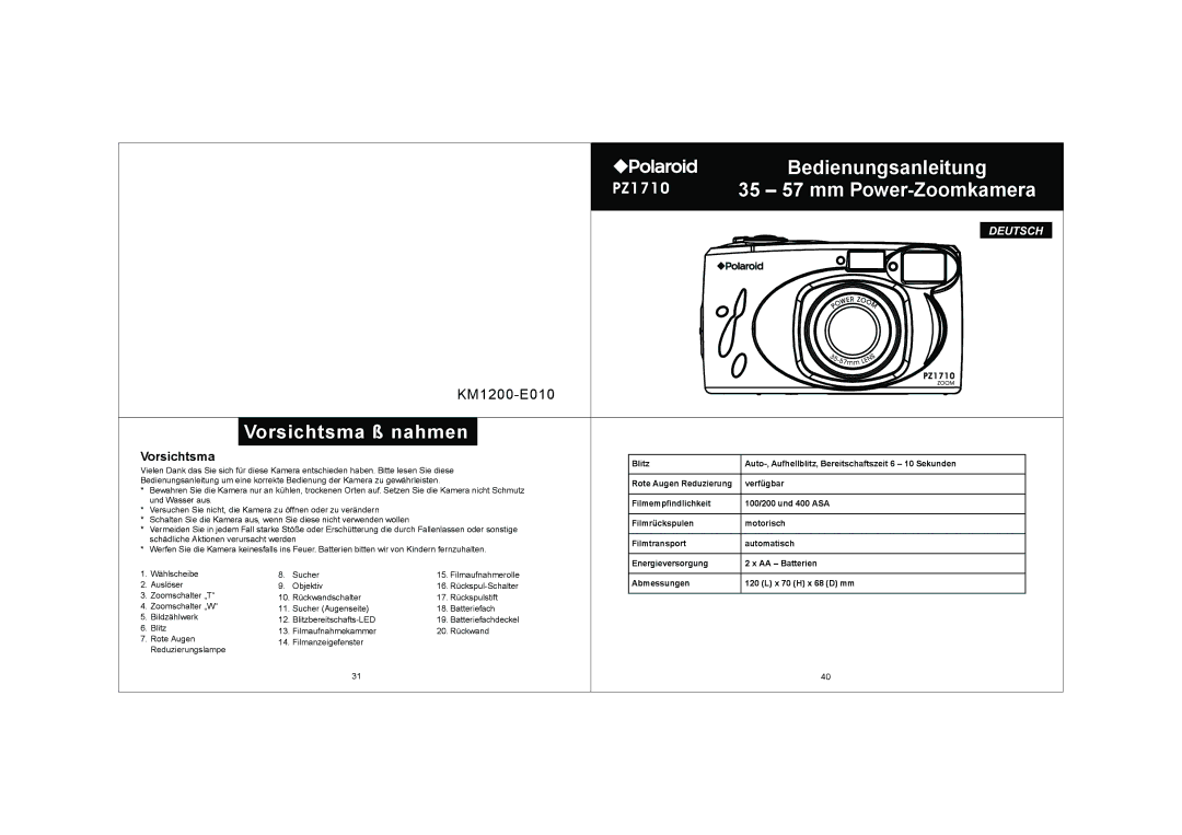 Polaroid KM1200-E010 operating instructions Vorsichtsma 