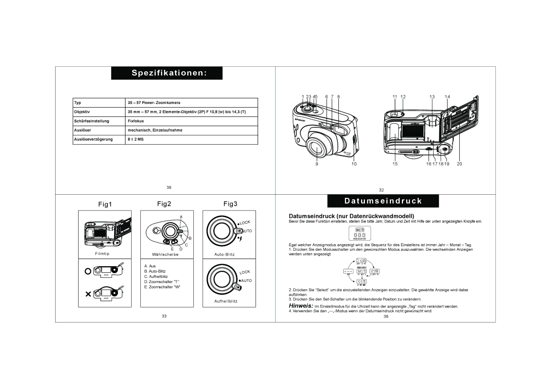 Polaroid KM1200-E010 operating instructions Spezifikationen, Datumseindruck nur Datenrückwandmodell 