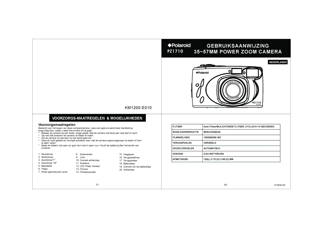 Polaroid KM1200-E010 Flitser, RODE-OGENREDUCTIE Beschikbaar, Filmsnelheid, Terugspoelen Versneld, Voeding AA Batterijen 